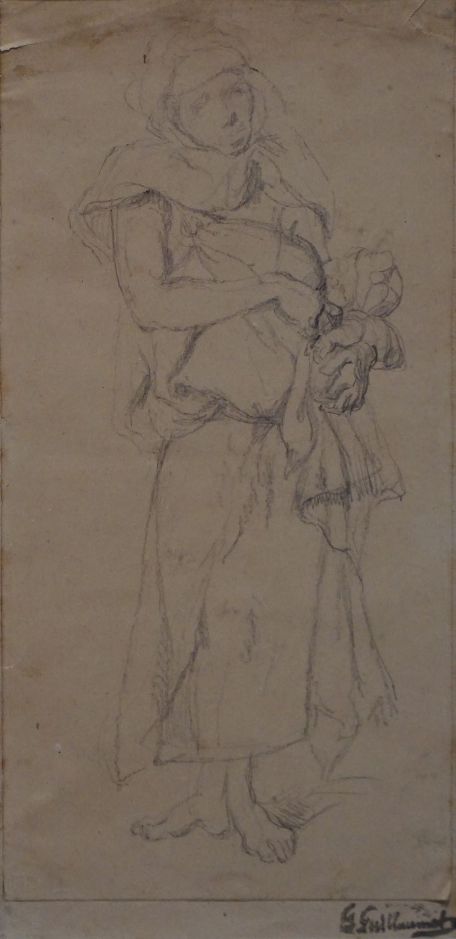 Gustave Achile GUILLAUMET (1840-1887) "阿拉伯妇女抱着她的孩子"，铅笔。右下角有工作室的印章（小污点）。27x14厘米
