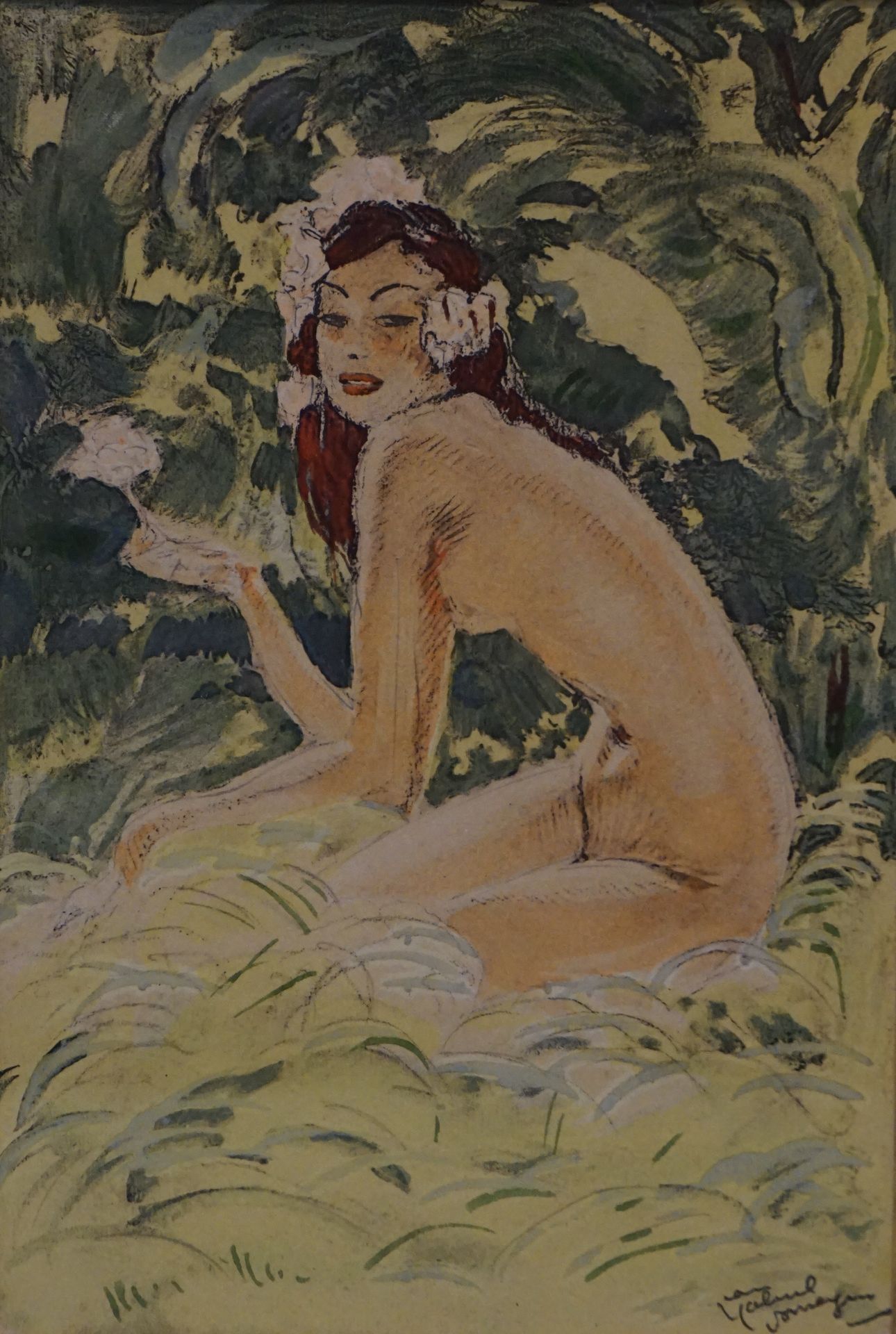 Jean-Gabriel DOMERGUE (1889-1962) "裸体坐着的女人"，水彩画，约15.5x10.5厘米