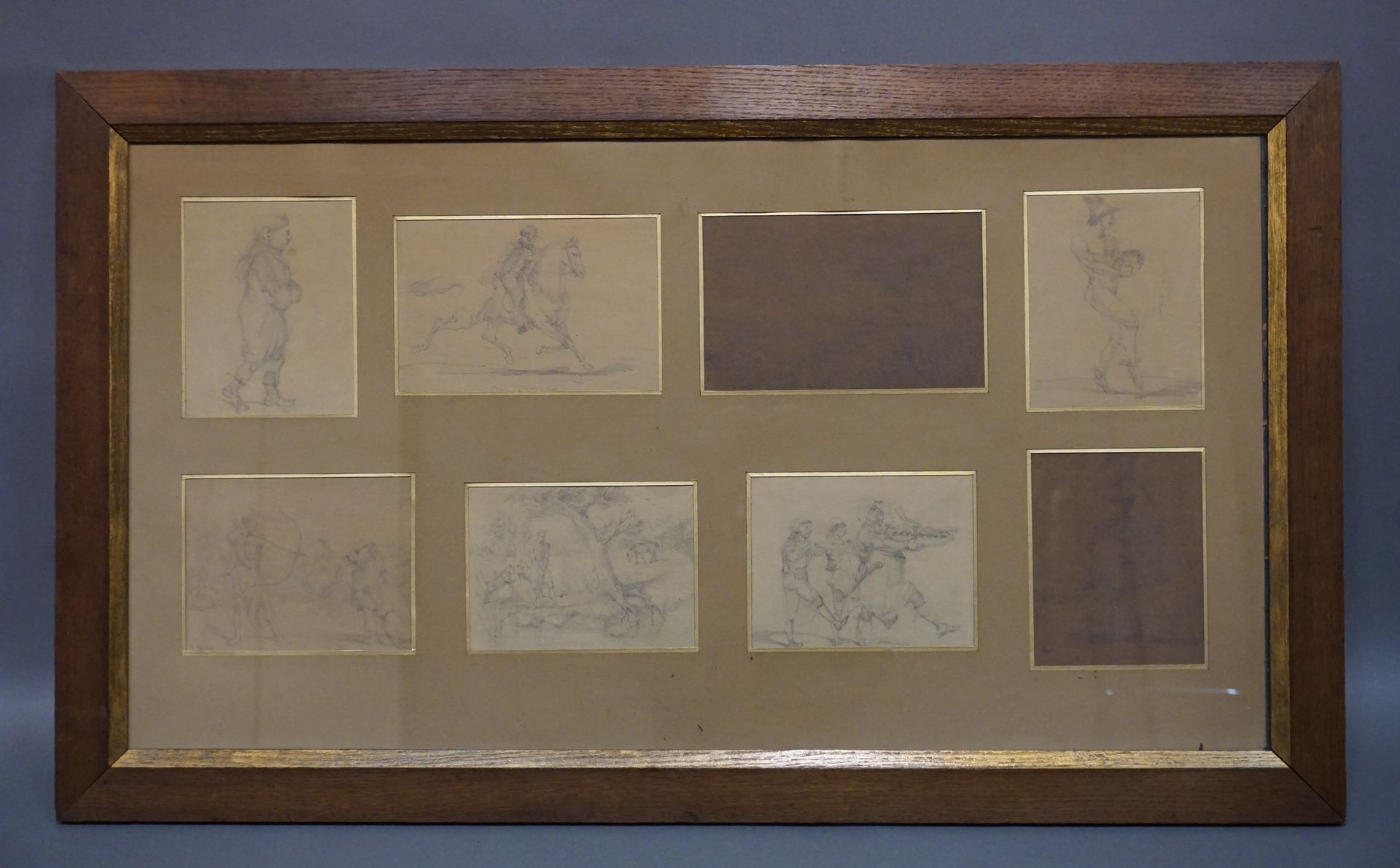 H. REGNAULT Cadre contenant 8 dessins: "Cavalier", "Scène de chasse", "Scène de &hellip;