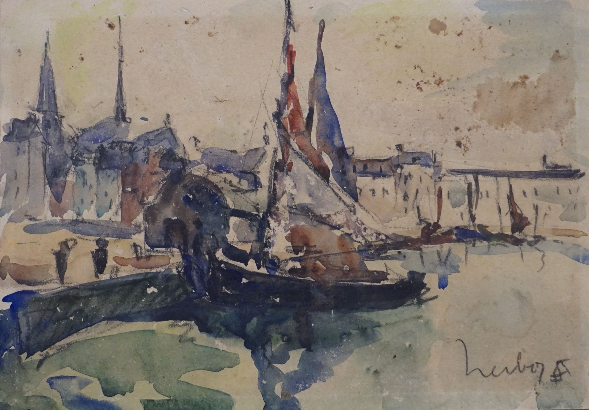 Fernand HERBO (1905-1995) "洪福勒码头的船"，水彩画，约15x21厘米