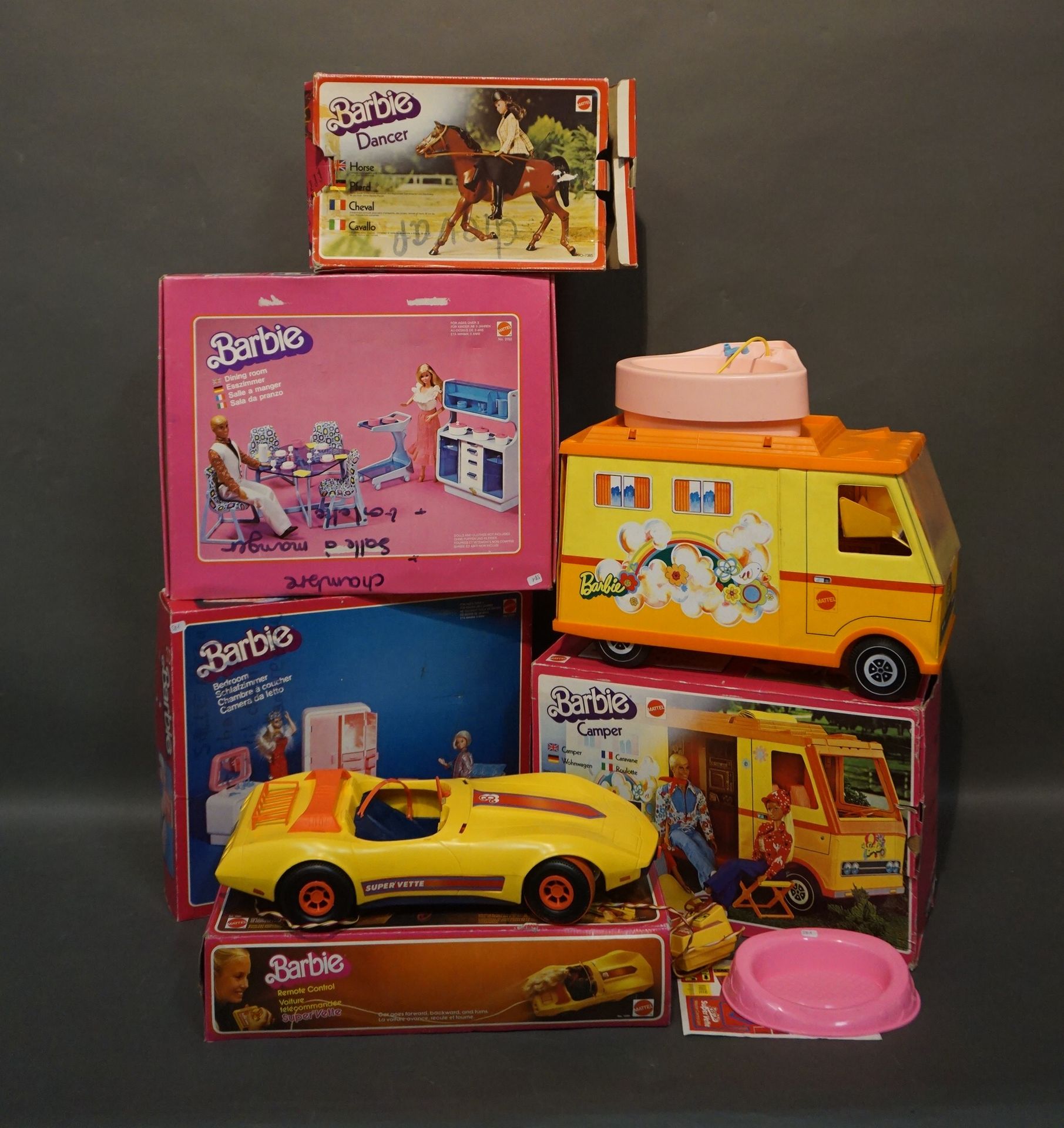 Lot five boxes of Barbie toys, Mattel: remote control ca…