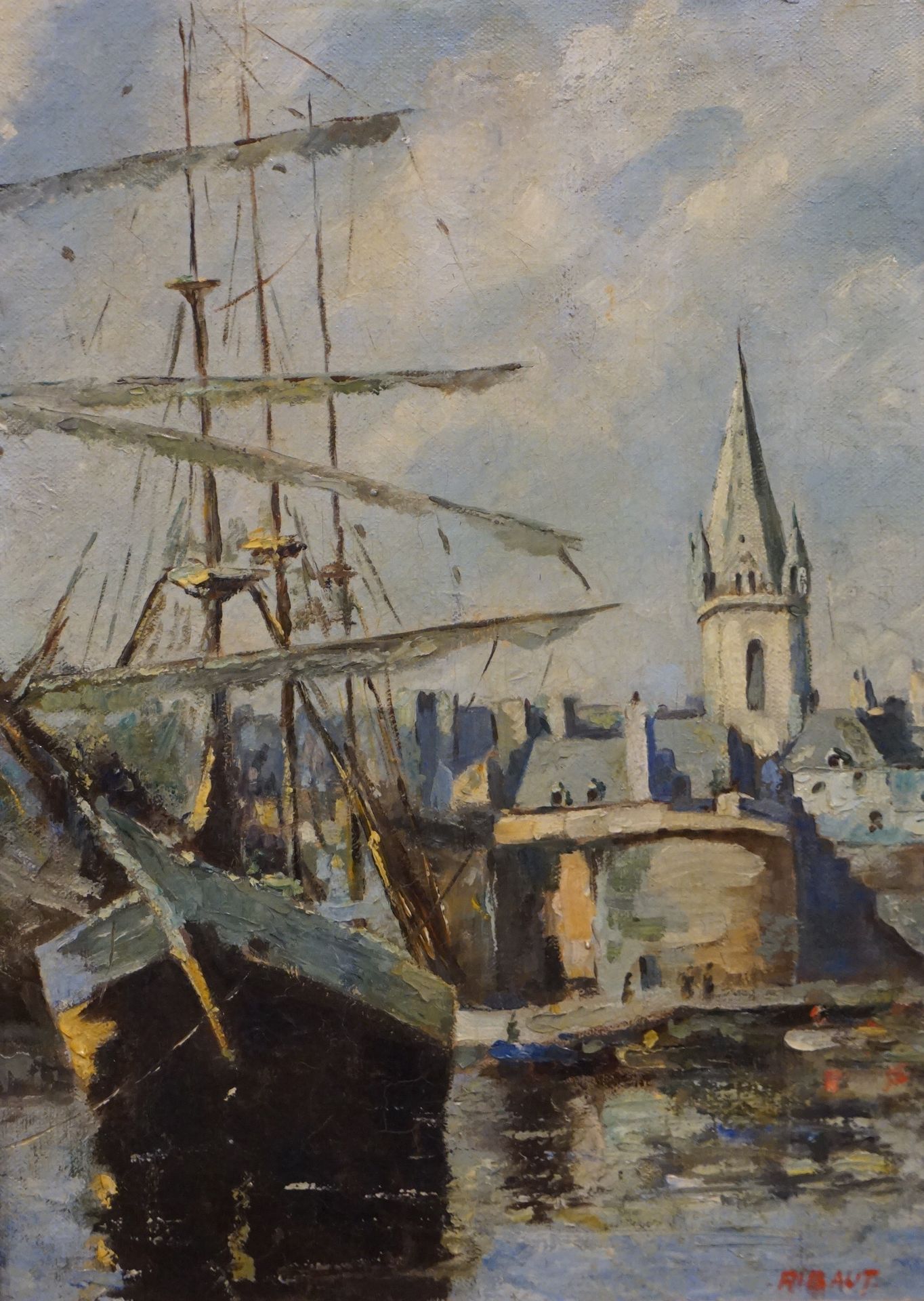 RIBAUT "Barca a vela in porto", olio su tela, sbd (restauri). 33x24,5 cm