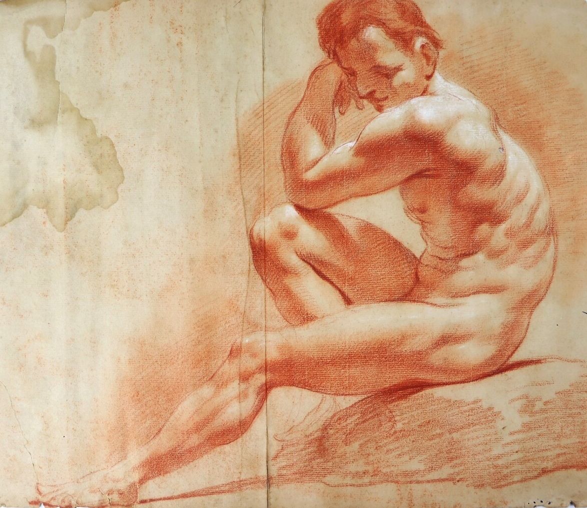 Null 十八世纪的法国学校。

裸体男人的学院。

用红粉笔和白粉笔绘画。

高_48.2厘米L_36.5厘米。

纸张有污点和破损
