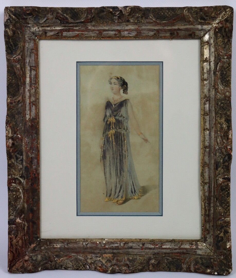 Null 19世纪初的法国学校。

古典风格的女人。

纸上水彩和金色高光。

高_18厘米，宽_9.5厘米。

18世纪的木头和灰泥框架