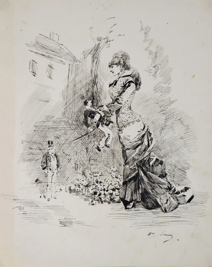 Null 亨利-索姆（1844-1907）。

有木偶的优雅。

纸上水墨。

右下方有签名。

高_25.1厘米L_20.4厘米。
