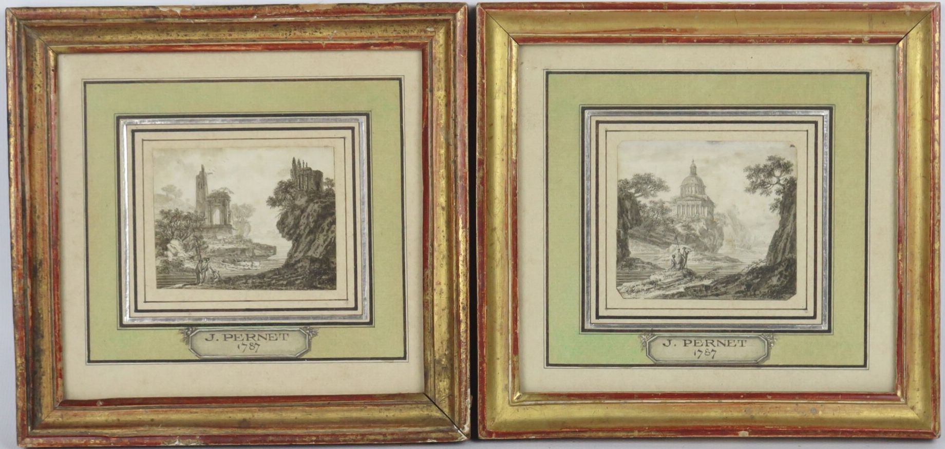 Null 十八世纪的法国学校。

一对生动的古董风景画。

墨水和水墨。

注释了J. Pernet 1787年的插图。

高_6,5厘米L_7,5厘米左右