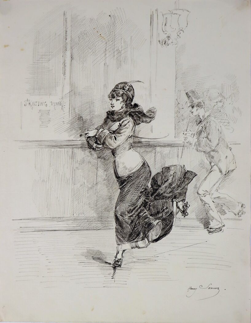 Null 亨利-索姆（1844-1907）。

溜冰圈。

纸上水墨。

右下方有签名。

高_25.8厘米L_20.4厘米。