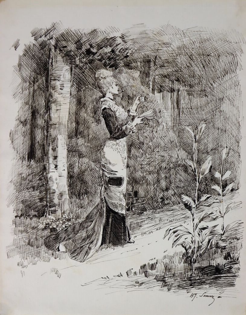 Null 亨利-索姆（1844-1907）。

花园里优雅的女人。

纸上水墨。

右下方有签名。

高_25.5厘米L_20.2厘米。
