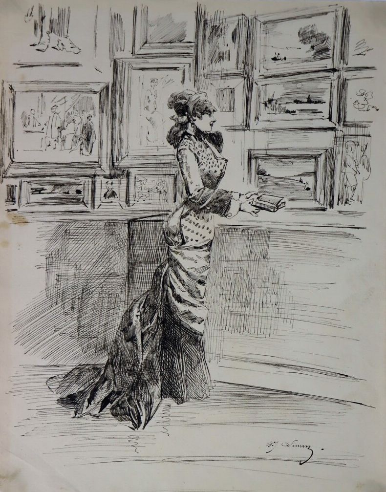 Null Henry SOMM (1844-1907). 

Elegant im Salon. 

Tinte auf Papier. 

Signiert &hellip;