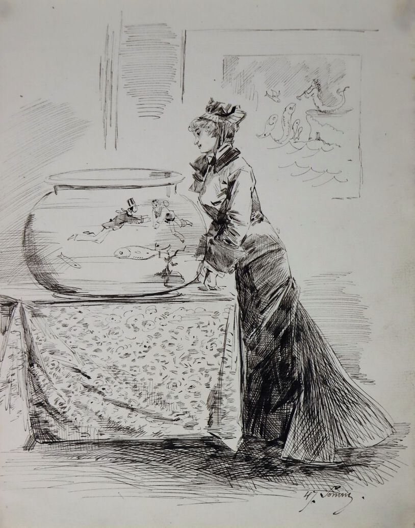 Null Henry SOMM (1844-1907). 

Elegante con el pescado. 

Tinta sobre papel. 

F&hellip;