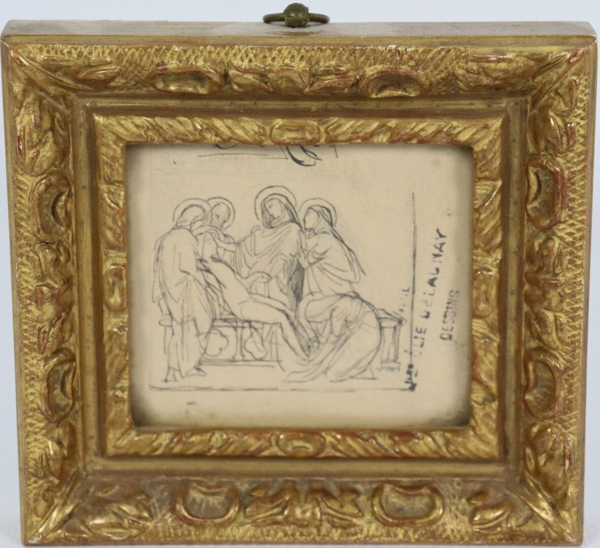 Null 朱尔-埃利-德劳内（1828-1891）。

十字架的下降。

水墨画，有签名和印章。

在背面，研究。

高_5,8 cm L_6,5 cm
