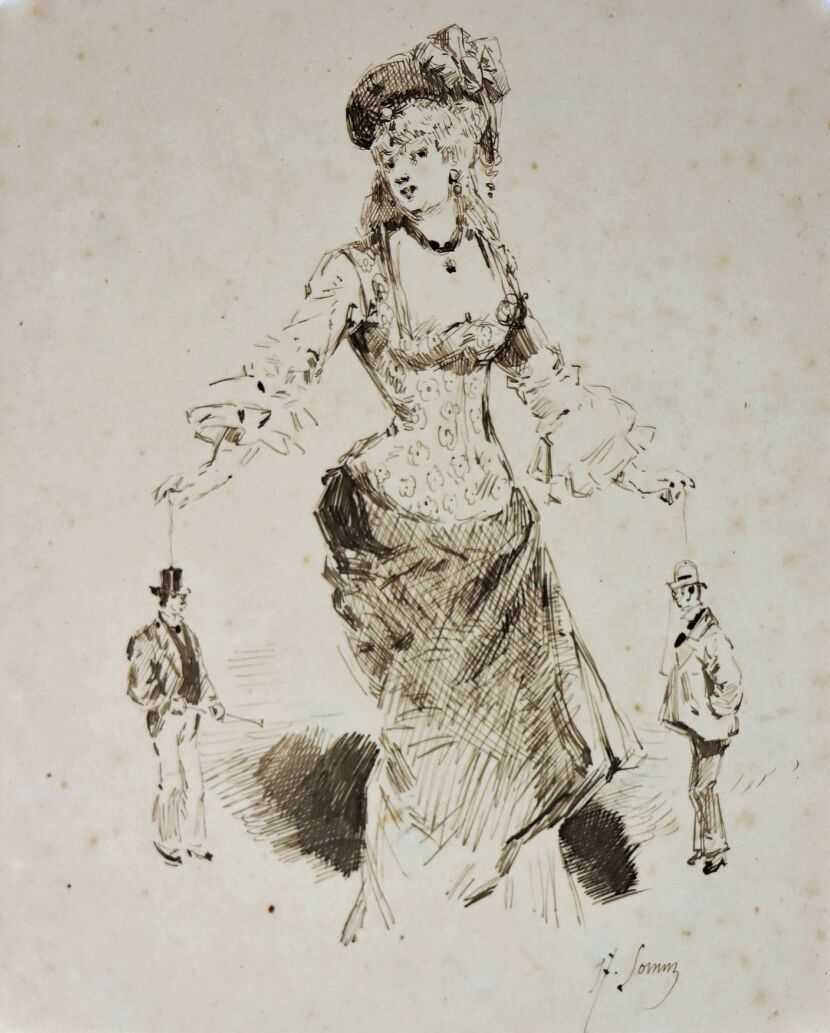 Null 亨利-索姆（1844-1907）。

木偶师。

纸上水墨。

右下方有签名。

高_21厘米L_17厘米。

有些褪色。