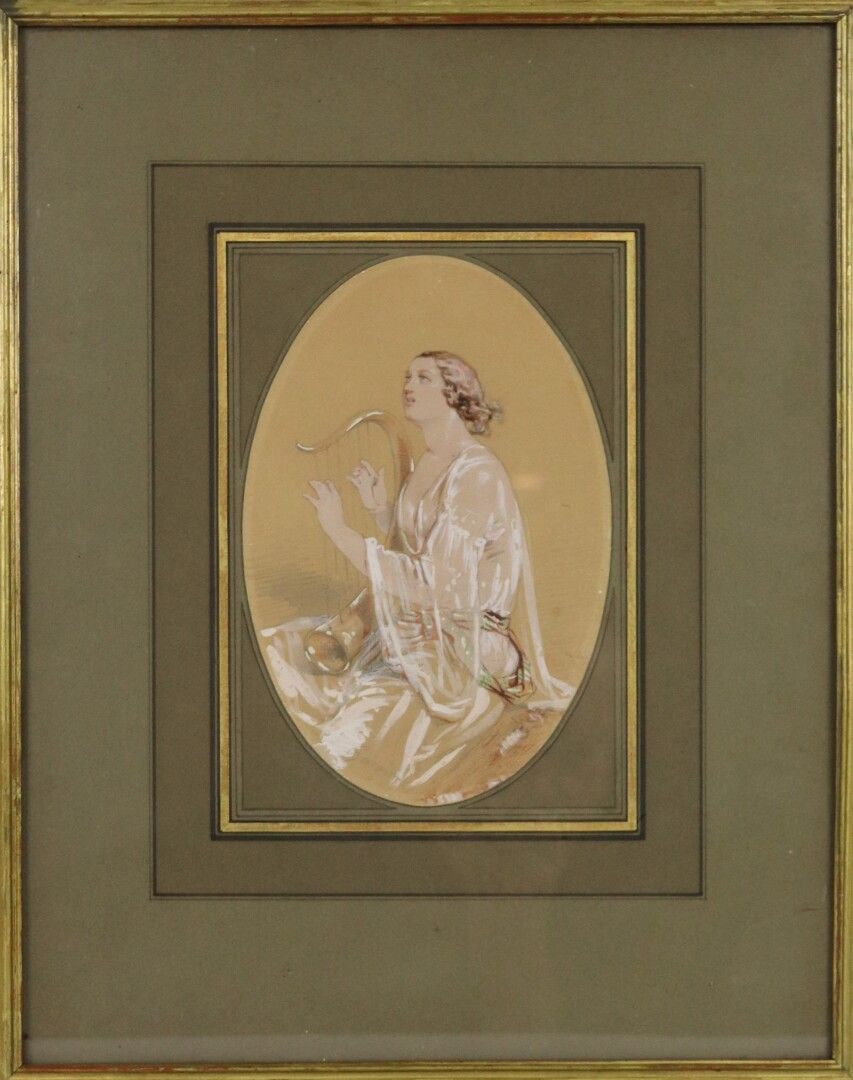 Null 保罗-加瓦尼 (1804-1866)

弹琴的女乐师。

用加高的铅笔画，在左边的底部签名。

高_19,5 cm L_13 cm