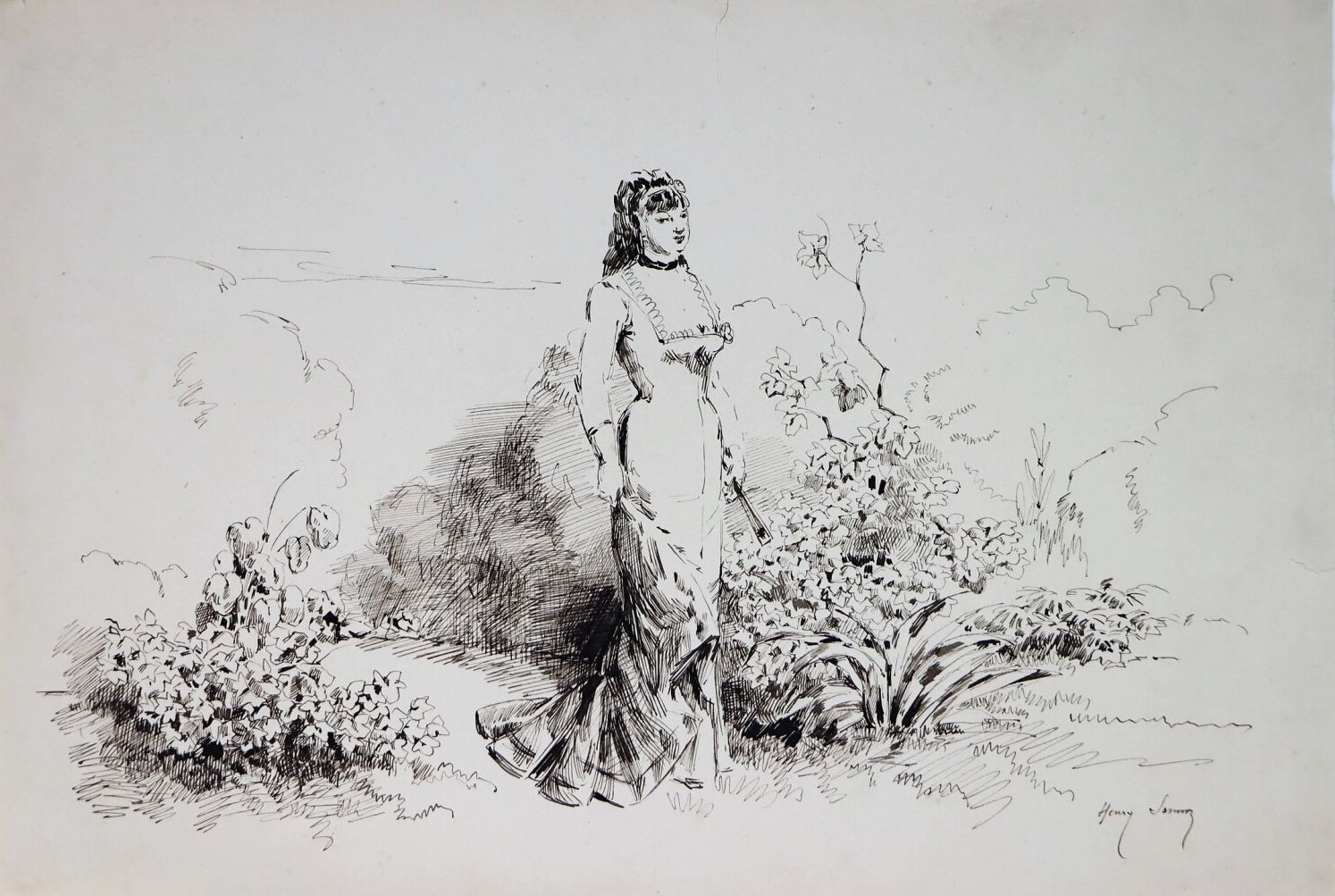 Null 亨利-索姆（1844-1907）。

花园里优雅的女人。

纸上水墨。

右下方有签名。

高_20厘米L_29.7厘米。