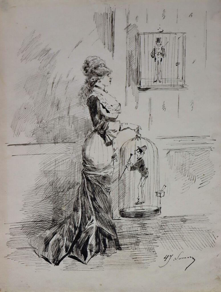 Null Henry SOMM (1844-1907). 

Elegante Frau mit Käfig. 

Tinte auf Papier.

Sig&hellip;
