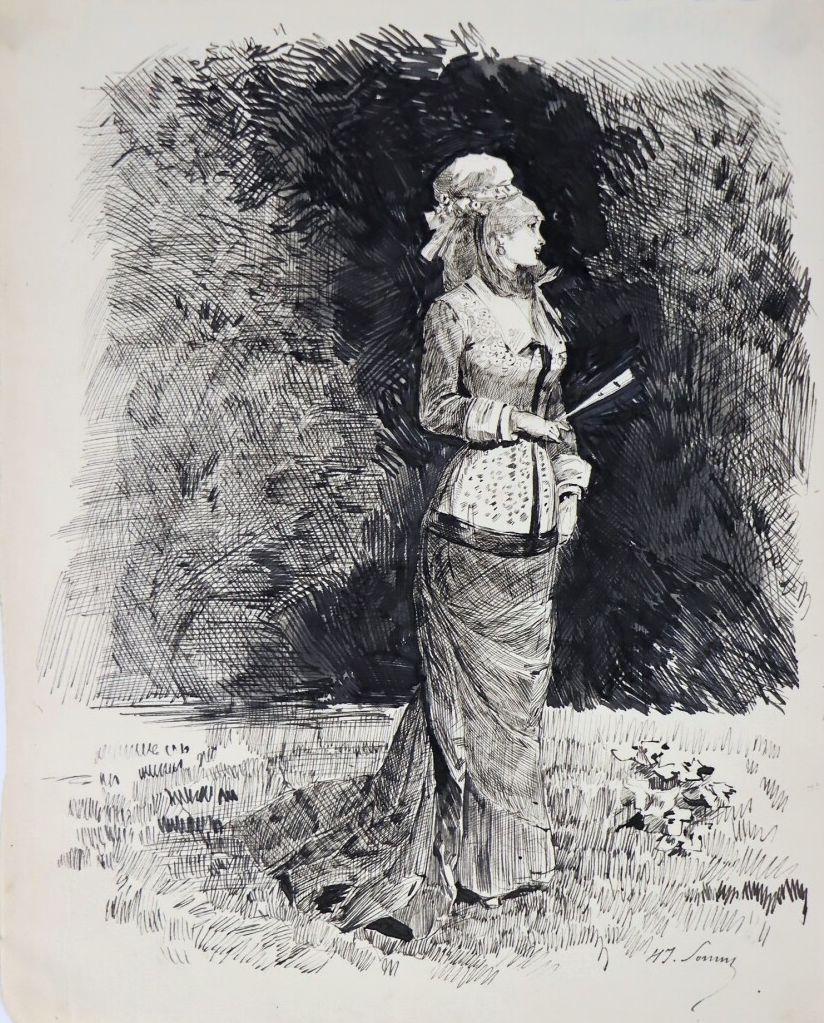 Null 亨利-索姆（1844-1907）。

拿着扇子的优雅女人。

纸上水墨和水彩增强。

右下方有签名。

高_25.3厘米L_20.4厘米。