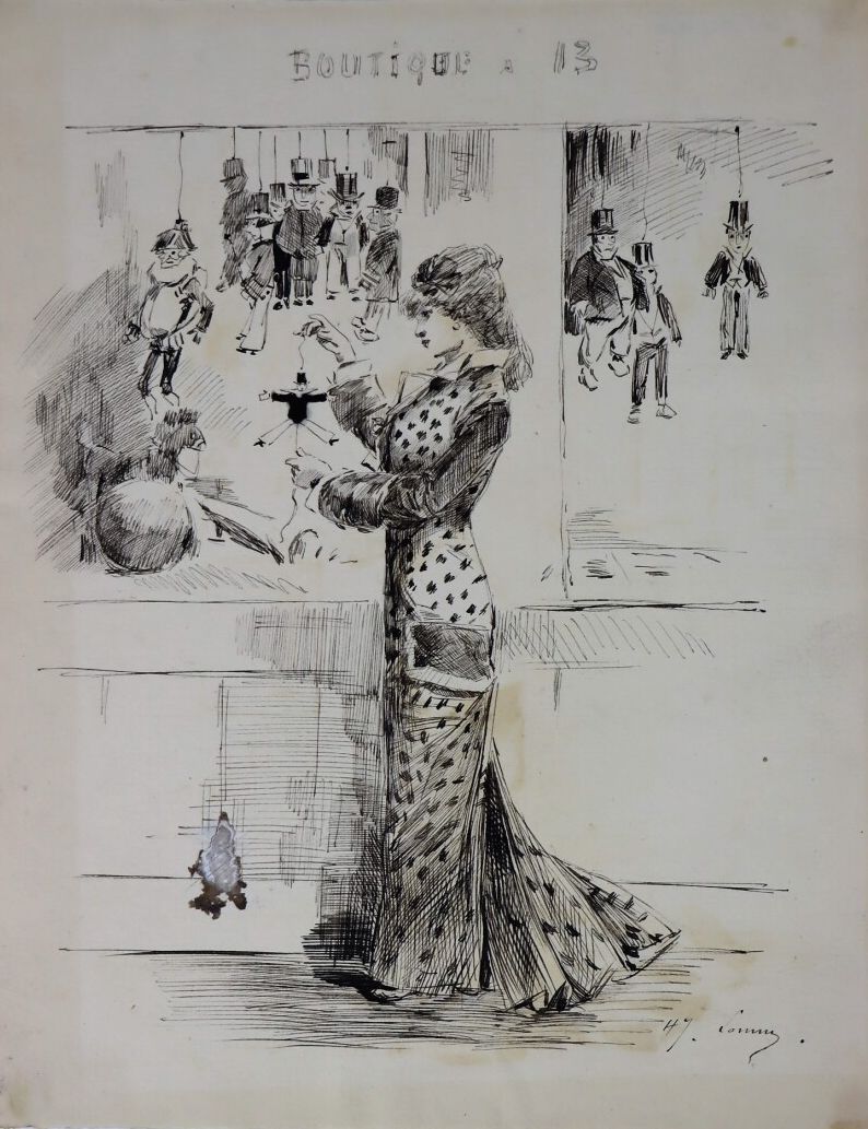 Null Henry SOMM (1844-1907). 

"Shop 13" Elegante with puppets. 

Ink on paper. &hellip;