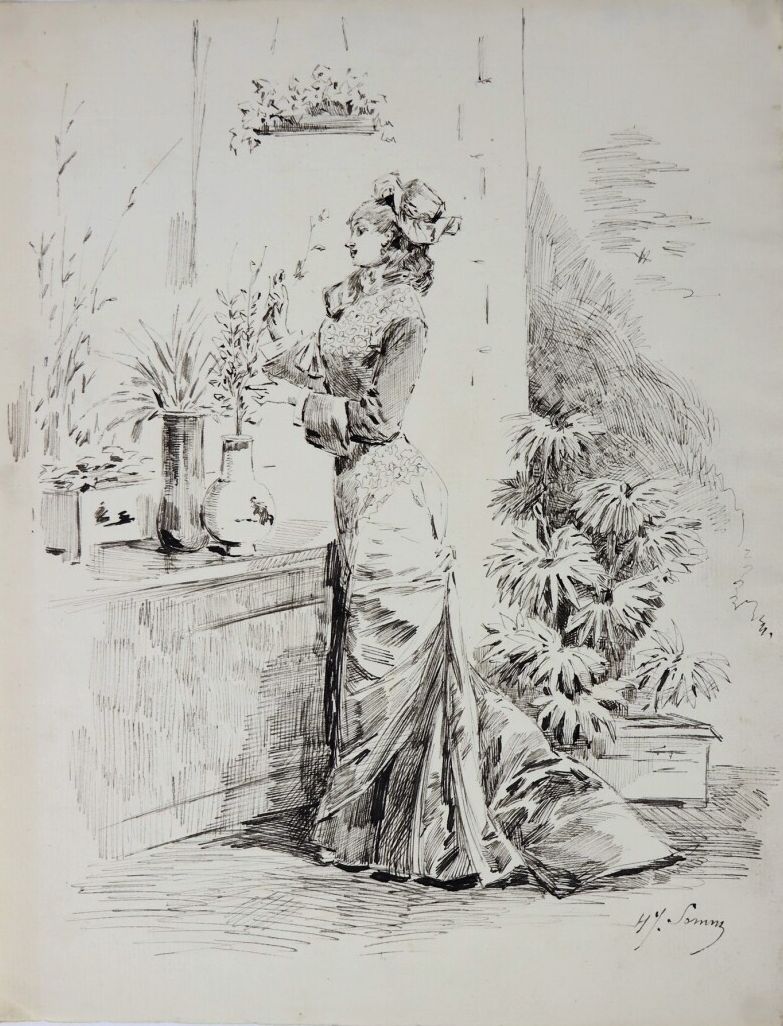 Henry SOMM (1844-1907). 
Elégante aux fleurs dans un vase de Chine. 
Encre sur p&hellip;