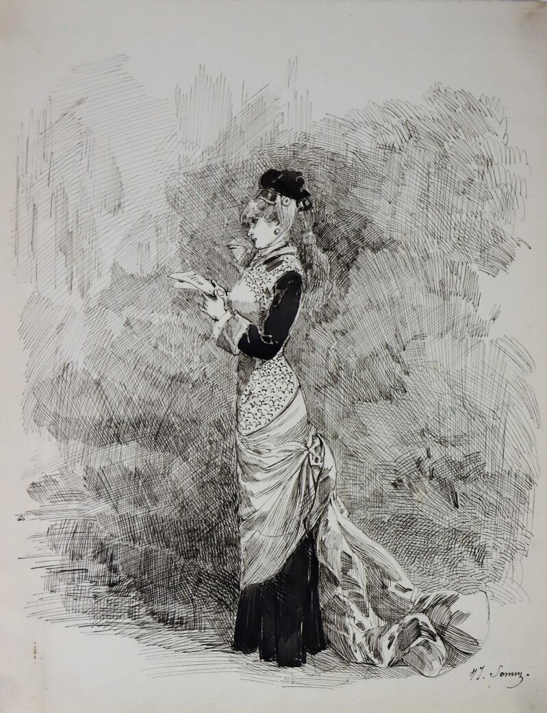 Null 亨利-索姆（1844-1907）。

优雅的信。

纸上水墨和水彩增强。 

右下方有签名。

高_25.5厘米L_20.2厘米。