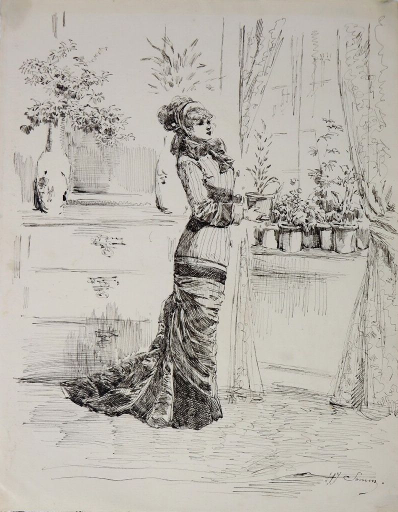 Null 亨利-索姆（1844-1907）。

优雅的女人与鲜花。

纸上水墨。

右下方有签名。

高_25厘米L_20厘米。