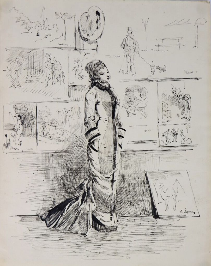 Null 亨利-索姆（1844-1907）。

沙龙上的优雅。

纸上水墨。

右下方有签名。

高_25.5厘米L_20厘米。