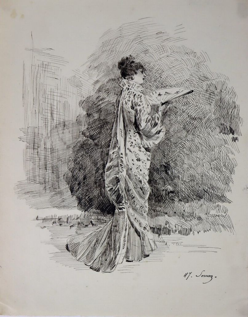 Null 亨利-索姆（1844-1907）。

拿着扇子的优雅女人。

纸上水墨。

右下方有签名。

高_25.5厘米L_20.2厘米。