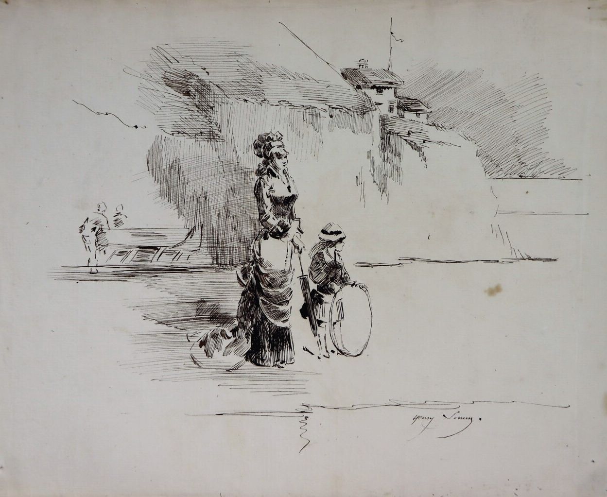 Null 亨利-索姆（1844-1907）。

优雅的女人和她的女儿在散步。

纸上水墨。

右下方有签名。

H_20.5 c mL_25.4 cm。