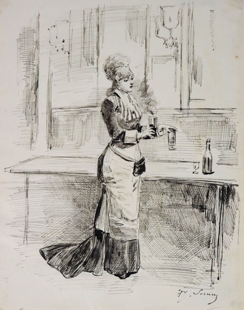 Null 亨利-索姆（1844-1907）。

最后喝一杯。

纸上水墨。

右下方有签名。

高_25厘米L_19.6厘米。