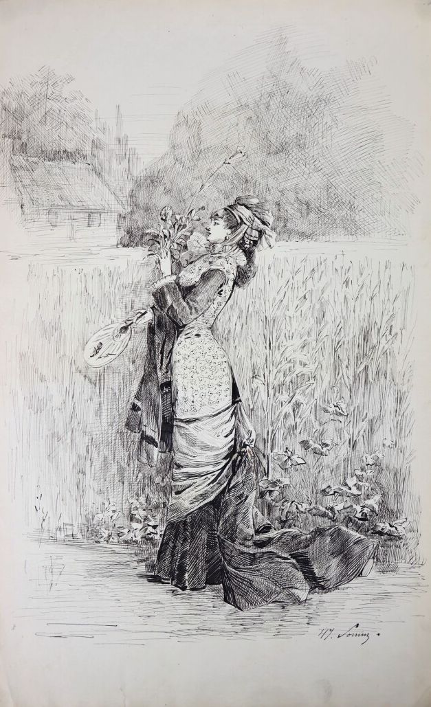 Null 亨利-索姆（1844-1907）。

拿着扇子和一束花的优雅女人。

纸上水墨。

右下方有签名。

高_44厘米L_27.5厘米。

下部有小的撕裂