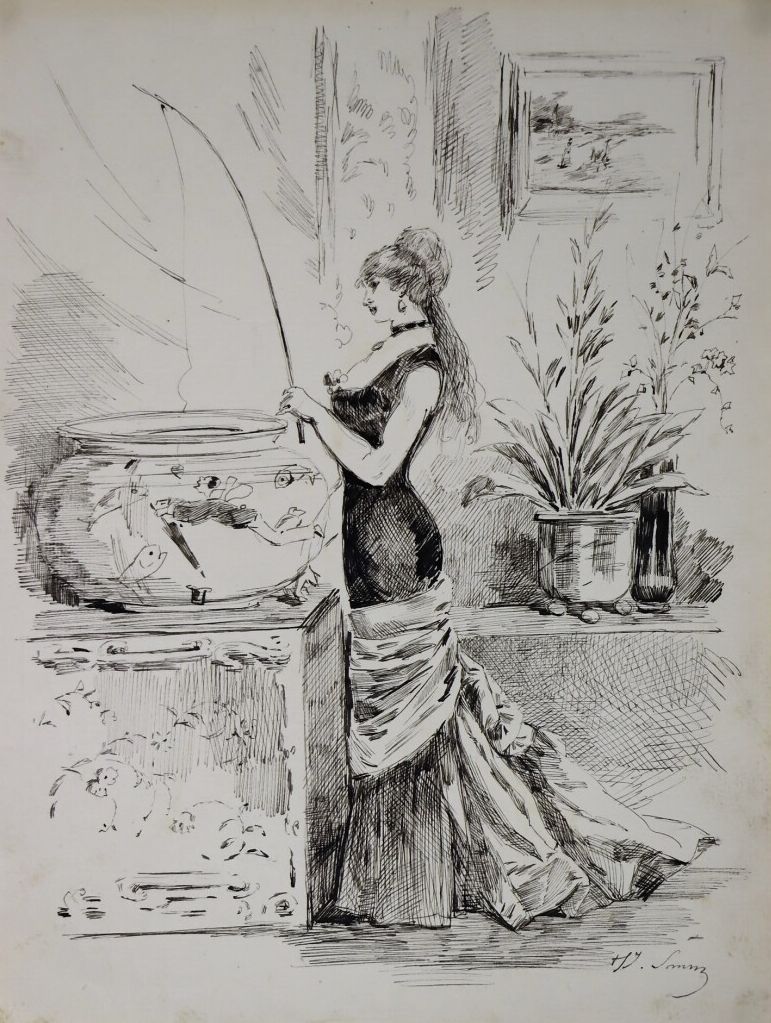Null 亨利-索姆（1844-1907）。

钓鱼党。

纸上水墨。

右下方有签名。

高_25.6厘米L_19.6厘米。
