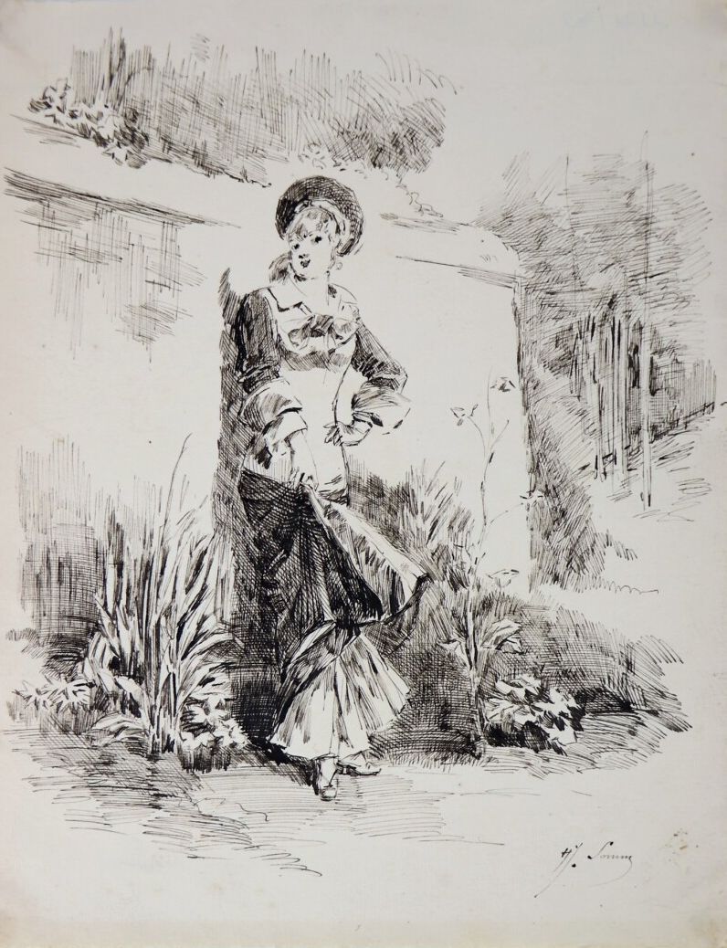 Null Henry SOMM (1844-1907). 

Elegant woman in the garden. 

Ink on paper. 

Si&hellip;