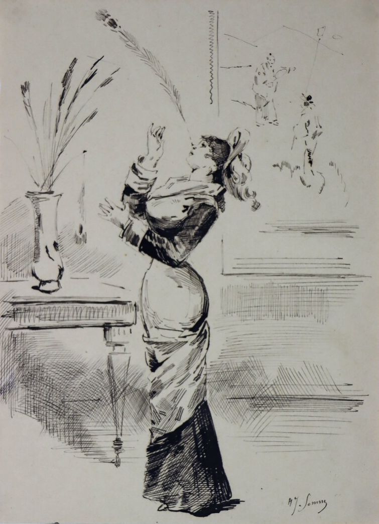 Null 亨利-索姆（1844-1907）。

平衡的行为。

纸上水墨。

右下方有签名。

高_21.2厘米L_15.4厘米。