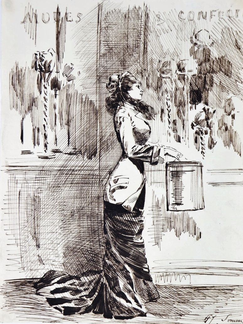 Null 亨利-索姆（1844-1907）。

那个优雅的女人。

纸上水墨和水彩增强。

左下方有签名。

高_24厘米L_17.7厘米。
