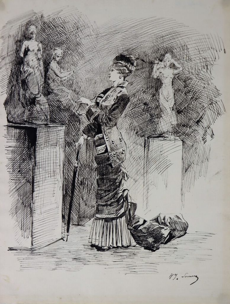 Null Henry SoMM (1844-1907). 

Elegant im Museum. 

Tinte auf Papier. 

Signiert&hellip;