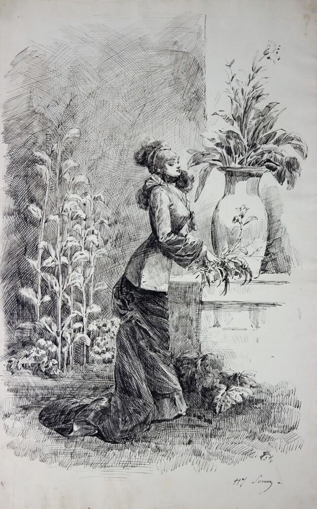 Null 亨利-索姆（1844-1907）。

拿着花的年轻女子。

纸上水墨。

右下方有签名。

高_40.5厘米L_25.2厘米。