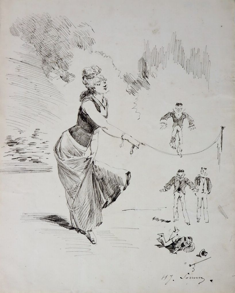Null 亨利-索姆（1844-1907）。

木偶的杂技表演。

纸上水墨。

右下方有签名。

高_25.5厘米L_20厘米。