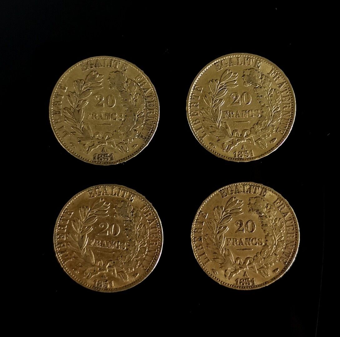 Null Quatre pièces de 20 francs or Cérès, 1851 A.

France, IIème République.

25&hellip;