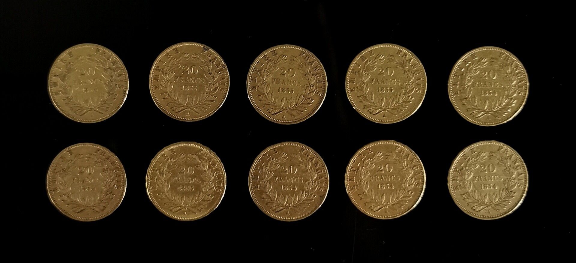 Null Dix pièces de 20 francs or Napoléon III, 1854 A (x6) et 1855 A (x4).

Franc&hellip;