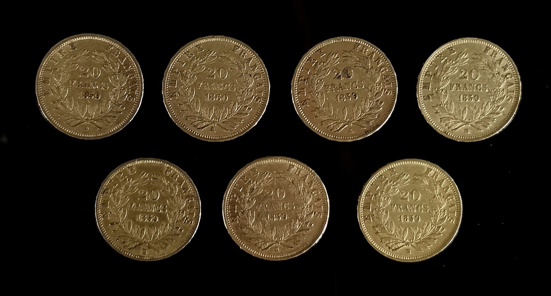 Null Sept pièces de 20 francs or Napoléon III, 1859 A (x3), 1859 B (x3) et 1860 &hellip;