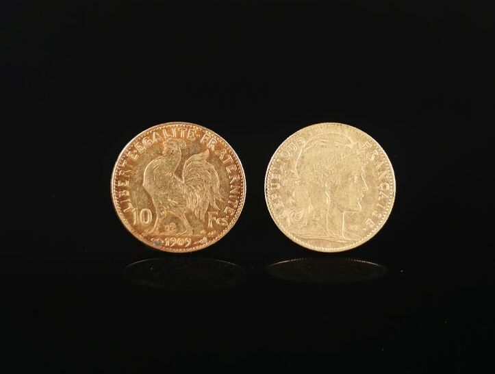 Null Deux pièces de 10 Francs or Coq et Marianne.
1906 et 1909.
6.43 grammes