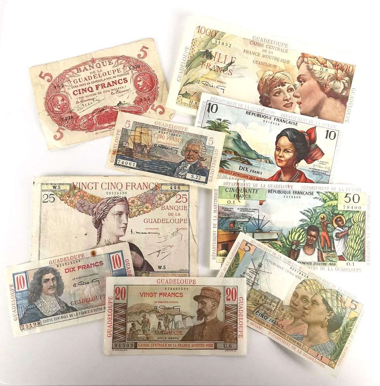 Null Lot of nine Guadeloupe and Antilles-Guyane banknotes:
- 5 Francs Guadeloupe&hellip;