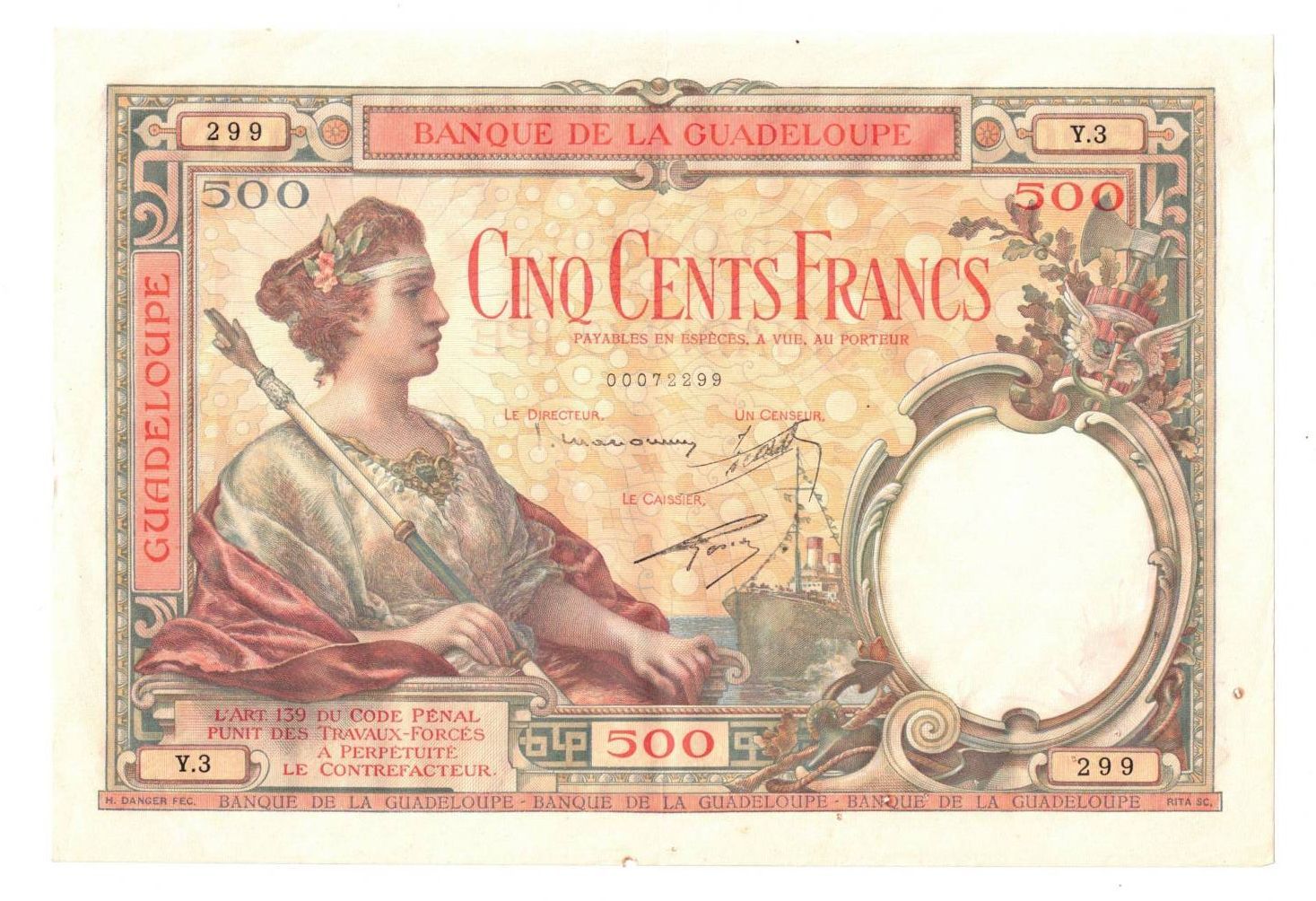 Null BANQUE DE LA GUADELOUPE.

500 Francs type 1934 (non daté), P.17.
Superbe, f&hellip;