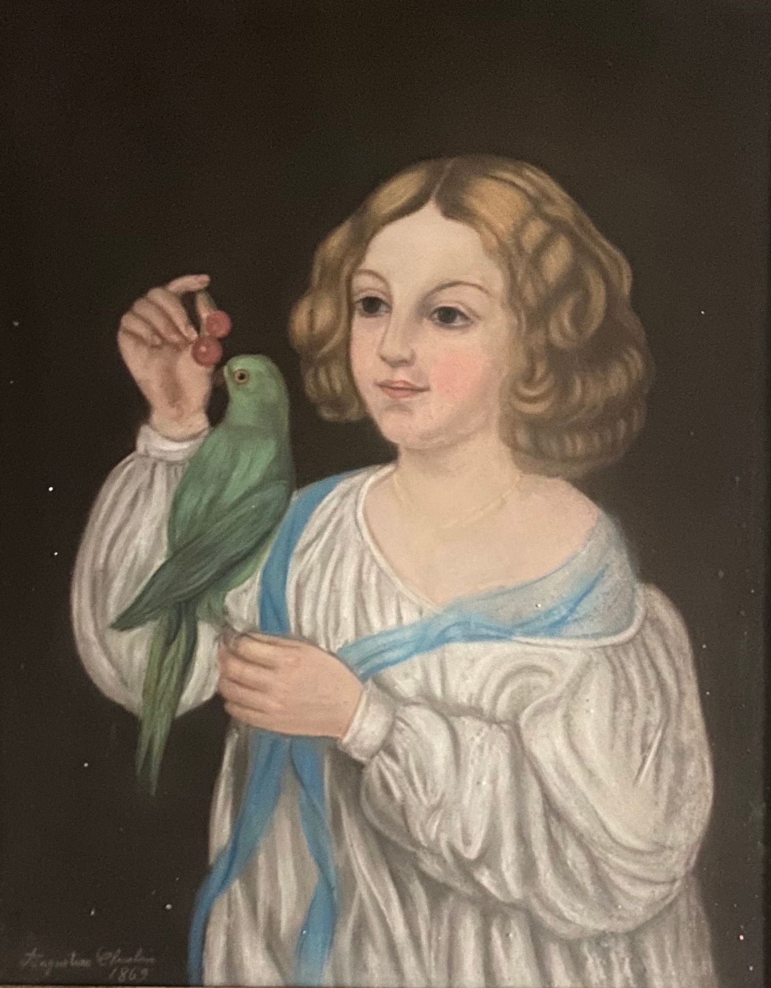 ANONYME 
年轻女孩与鹦鹉。粉彩画，64 x 50厘米