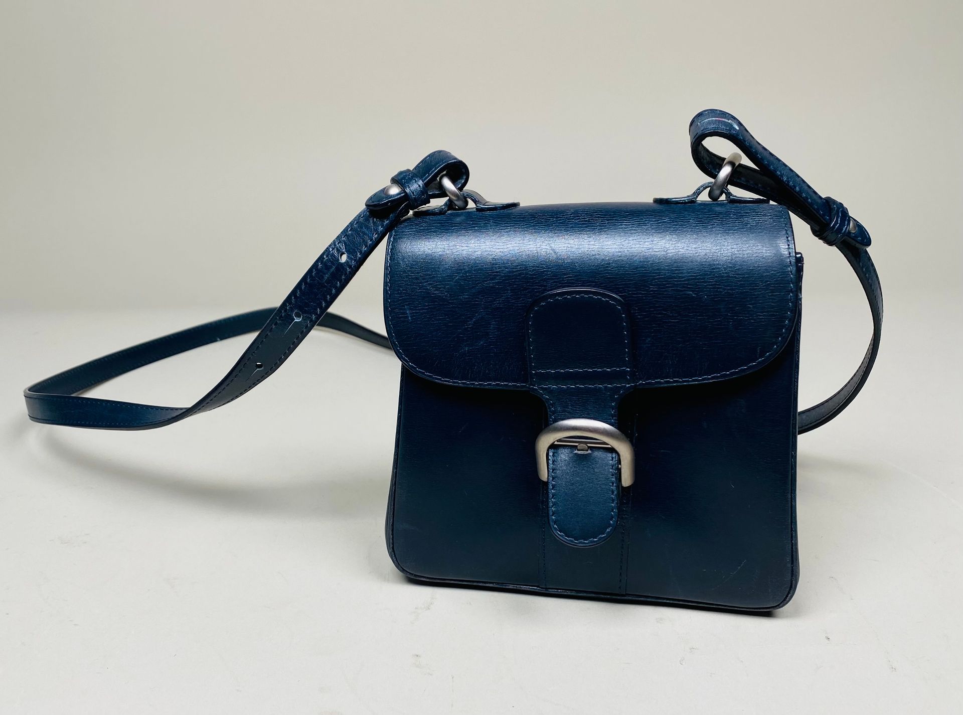 DELVAUX Small shiny. Blue leather mini bag.