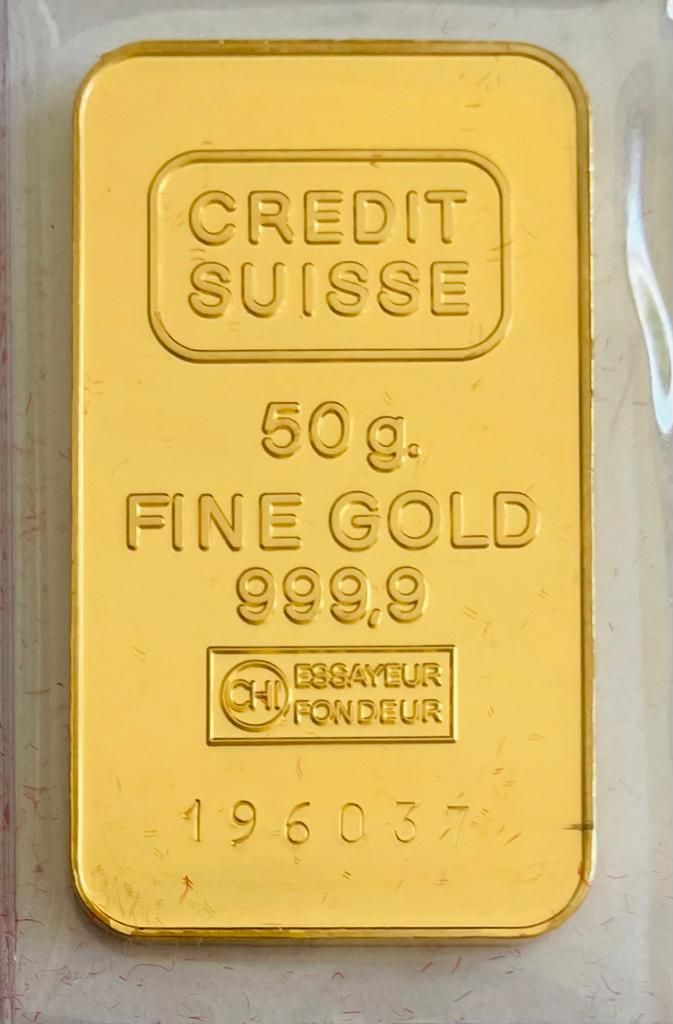 LINGOT 50 g d'or fin. Fabricant : Crédit Suisse.
