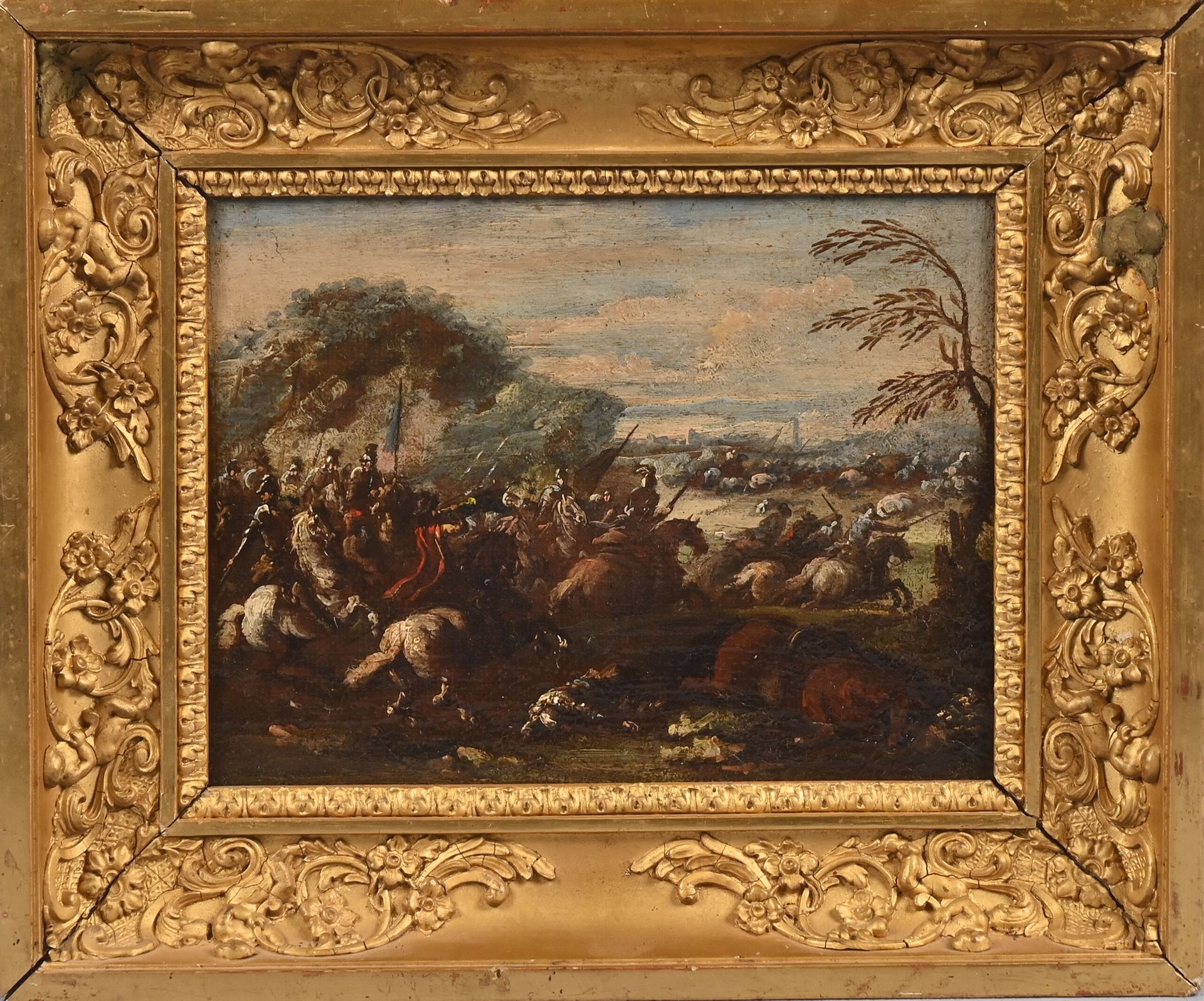 Null 17世纪意大利学校，雅克-库尔图瓦的随行人员
战斗场景
画布
17 x 22,5 cm.

专家：René Millet。