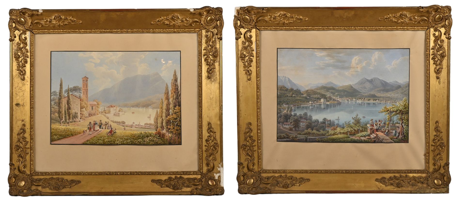 Null 加布里埃尔二世洛里
(伯尔尼 1784 - ? 1846) 
山区湖泊和农民的景色
一对水彩水粉画
32 x 45,5 cm
右下和左下有签名G.Lo&hellip;