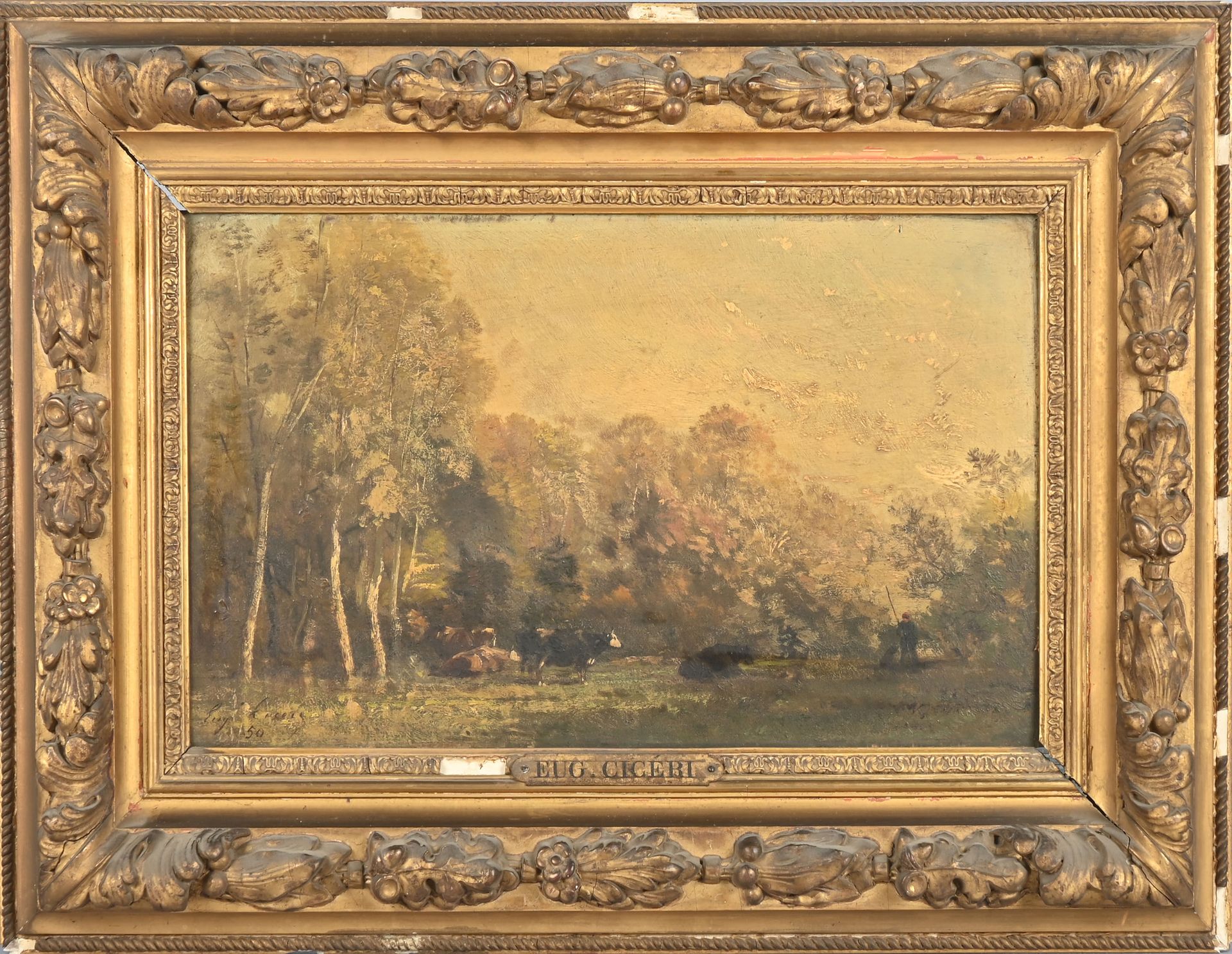 Null 欧仁-西凯里(Eugène CICERI) (1813-1890)
有牛的草地，1850年 
板面油画，左下角有签名和日期，装在一个带刻字的鎏金木框中&hellip;