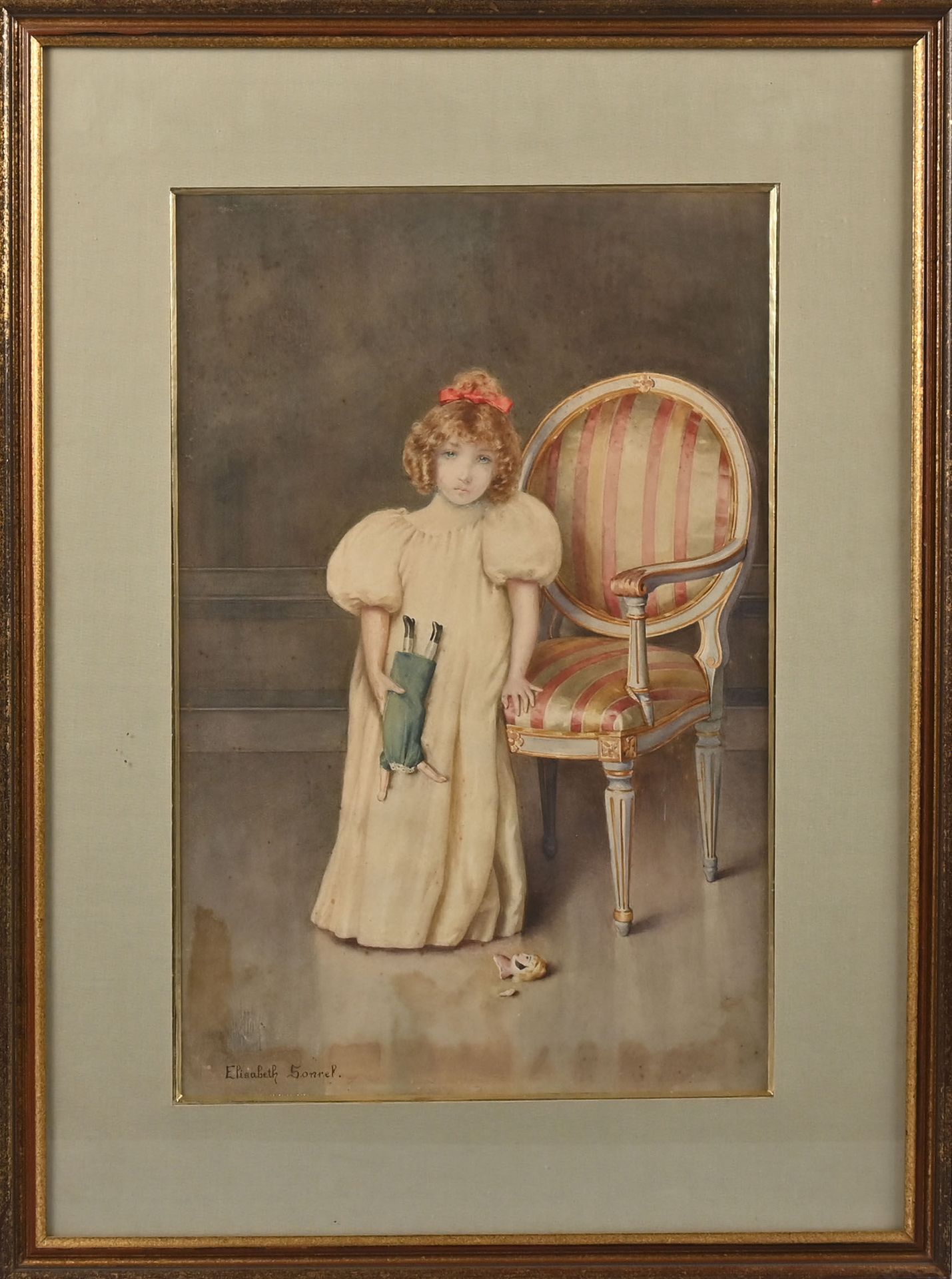 Null 伊丽莎白-索内尔 (1874-1953)
破碎的娃娃
水彩画 
左下方有签名
装在玻璃框内
视线尺寸：49 x 32 cm.