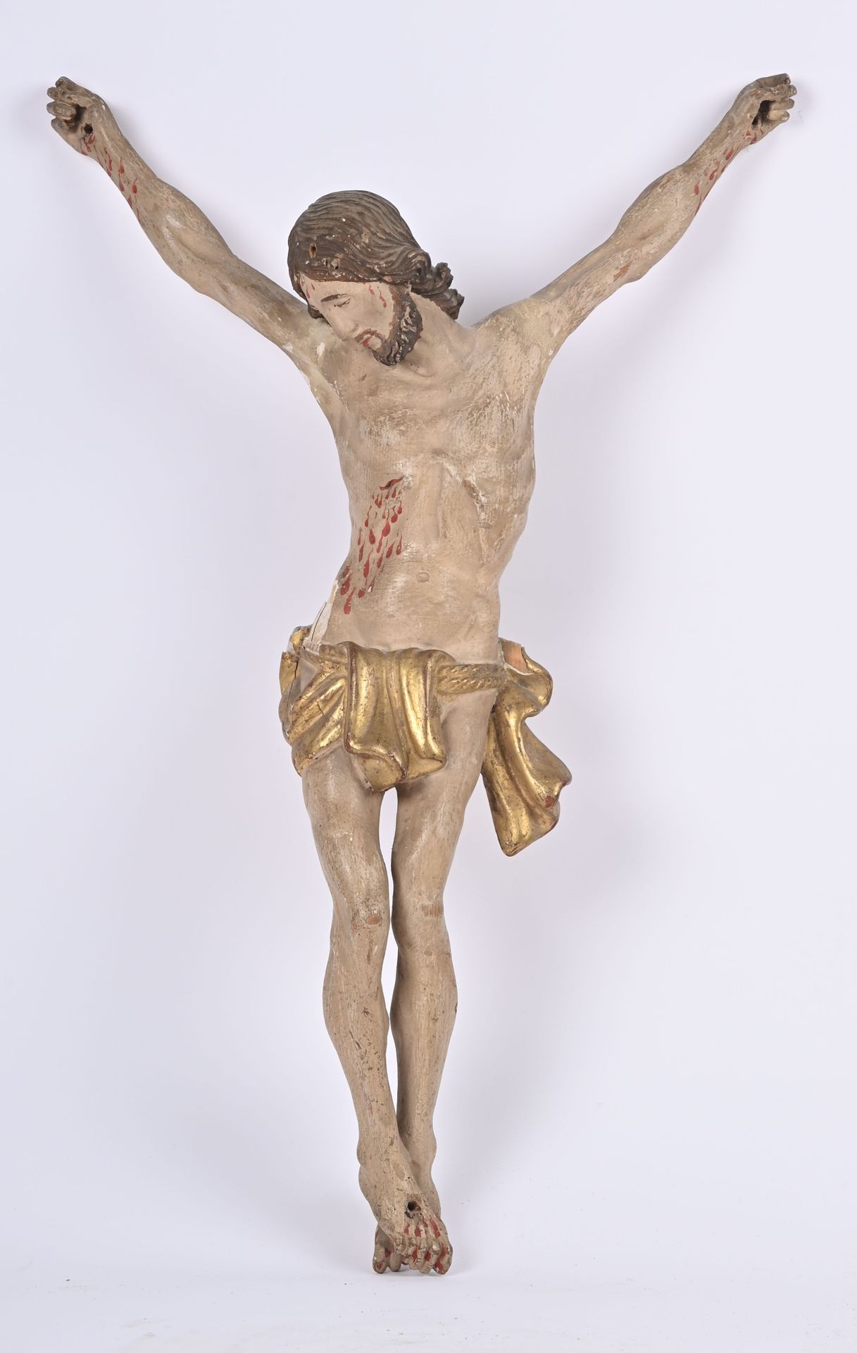 Null 1700年左右的法国学校
受难的基督
圆形的镀金和多色的木质雕像，附在背面的围栏处（多色的轻微损坏，皇冠丢失）。
H.60厘米。

专家：雕塑与收藏。